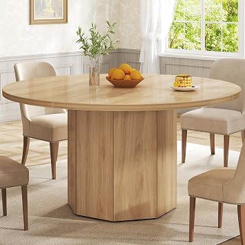 HSH 47 Round Dining Table for 4, Modern Farmhouse Wood Dinner Table with Octagon Pedestal Base, Circular Kitchen Dining Room Table for Home Apartment Living Room, Light Oak