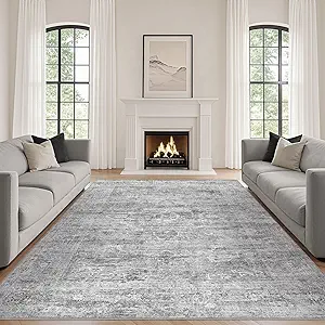 Grey Rug 9x12 Area Rug: Washable Boho Large Vintage Neutral Soft Rugs Stain Resistant Farmhouse Non-Slip Indoor Floor Carpet for Living Room Bedroom Playroom Office Dining Room Apartment Dorm