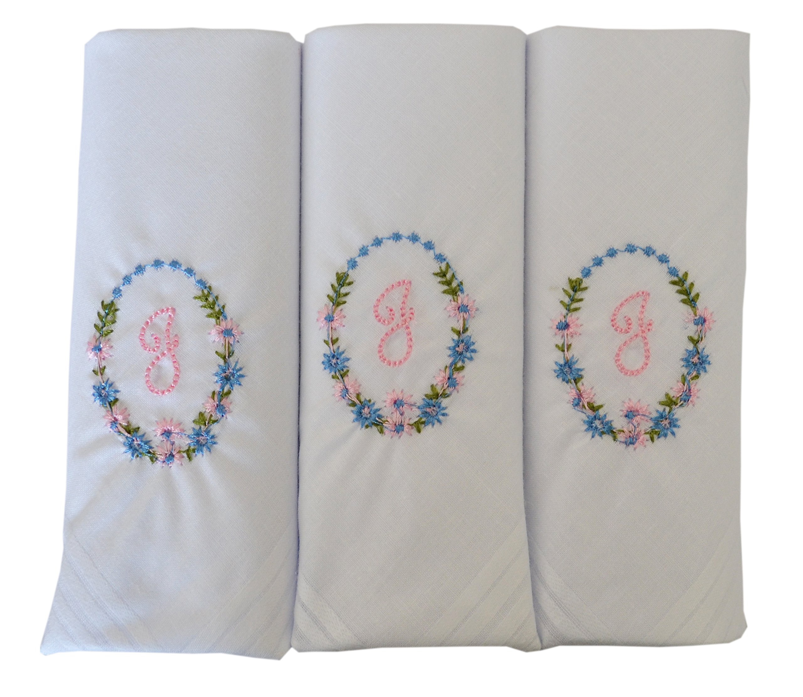 3 Pack Of Womens/Ladies Embroidered Initials Handkerchiefs With White Satin Border, J