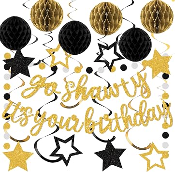 Black Gold Birthday Decorations, Go Shawty Its Your Birthday Banner with Honeycomb Balls, Star Hanging Swirl Streamer, Circle Dot Garland, Happy Birthday Party Decoration for Women Men Boys Girls