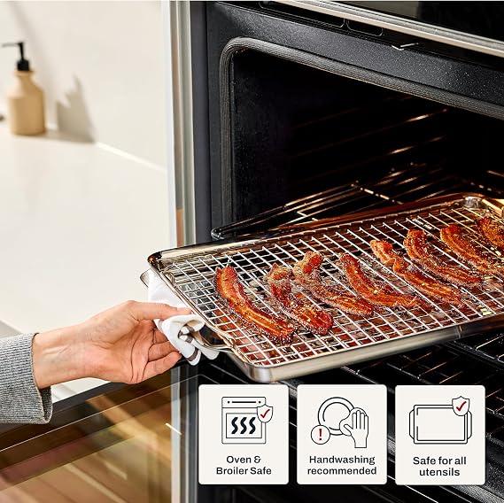 All-Clad Stainless Steel Half-Sheet Baking Pan 13 x 21 with Cooling Rack - Tri-ply Bonded for Consistent Baking- (Roast, Bake Cookies, Brownies and More) Professional Stainless Steel Bakeware