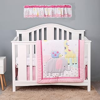 4 PCs Pink Elephant Giraffe Theme Nursery Crib Bedding Set Quilt + Fitted Sheet + Skirt + Window Valance Baby Girl Animal Themed Cot Bedding Set