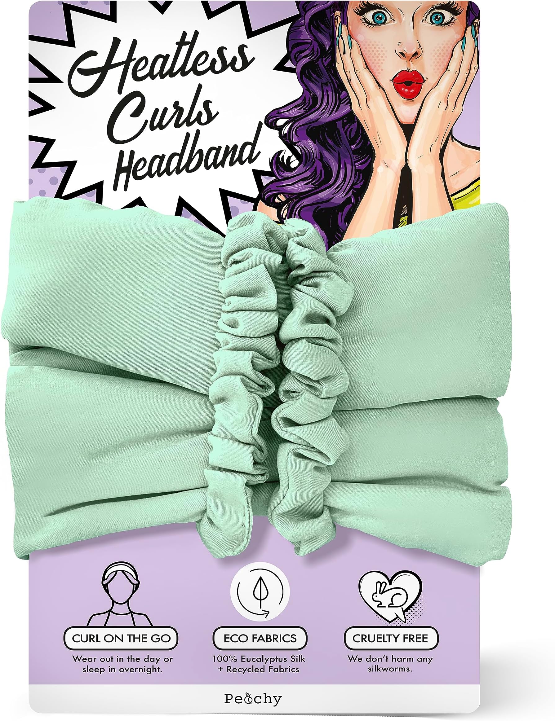 PeachyHeatless Curlers Headband - with Sustainable Luxury Vegan Silk. Get Heatless Curls On-The-Go or Overnight Curls with our Plush Inner for Soft Sleeping. Heatless Curlers + 2 scrunchies (Sage)