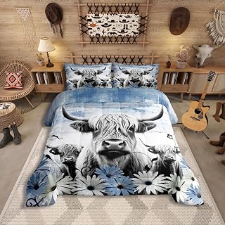 Erosebridal Highland Cow Print Comforter Set Queen,Blue Western Farmhouse Bedding Sets Rustic Home Decor,Longhorn Cattle Farm Animal Bed Set Graffiti Daisy Flowers Quilt Cowboys Gifts for Men Women
