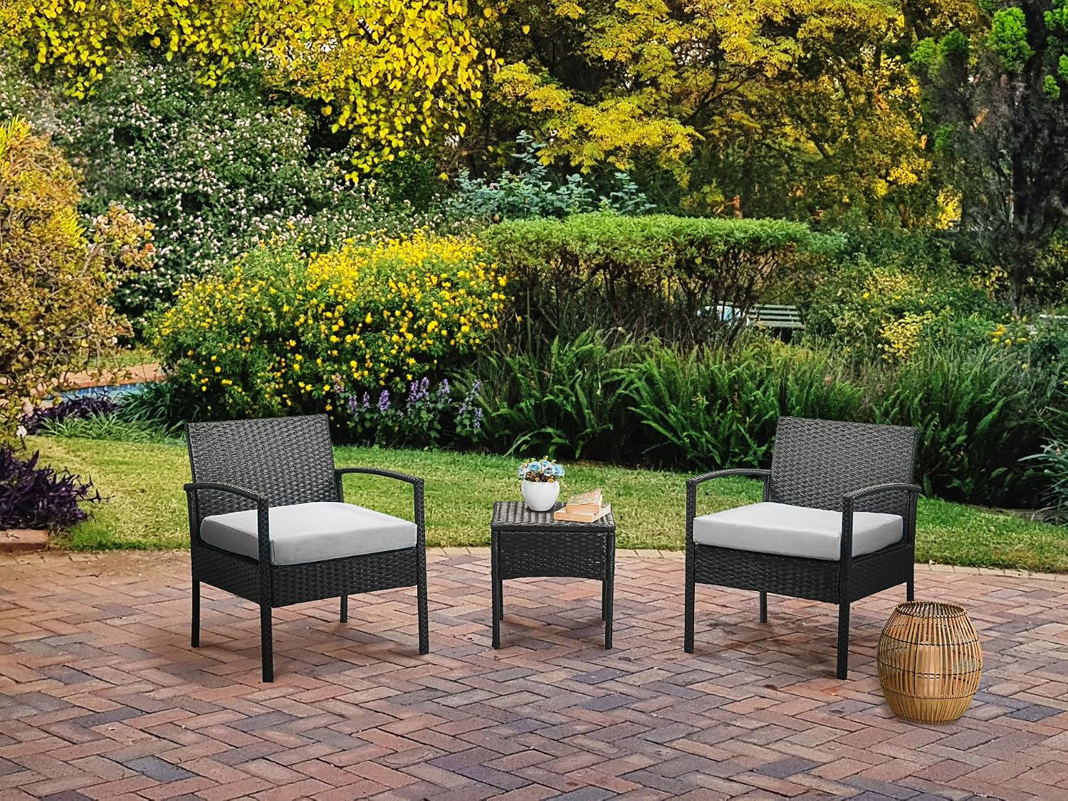 Tappio Patio Outdoor Chairs 3 Set-1 Conversation Table & 2 pcs Rattan Sofas with Backrest Soft Cushions Garden Furniture Sets Suit to Lawn Backyard Pool (Gray)