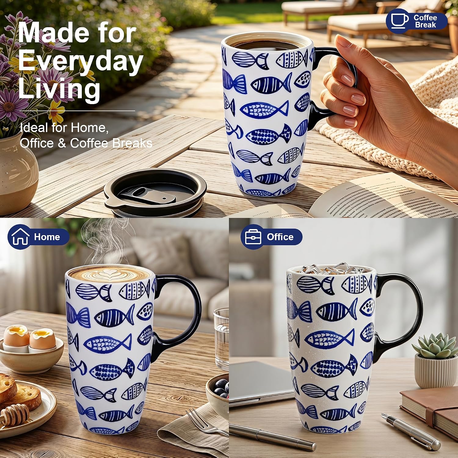 DUSVALLY Coffee Mug Coffee Ceramic Mugs Latte Tea Cup with Lid and Gift Box 17oz.Big Mug,Fishes image 4