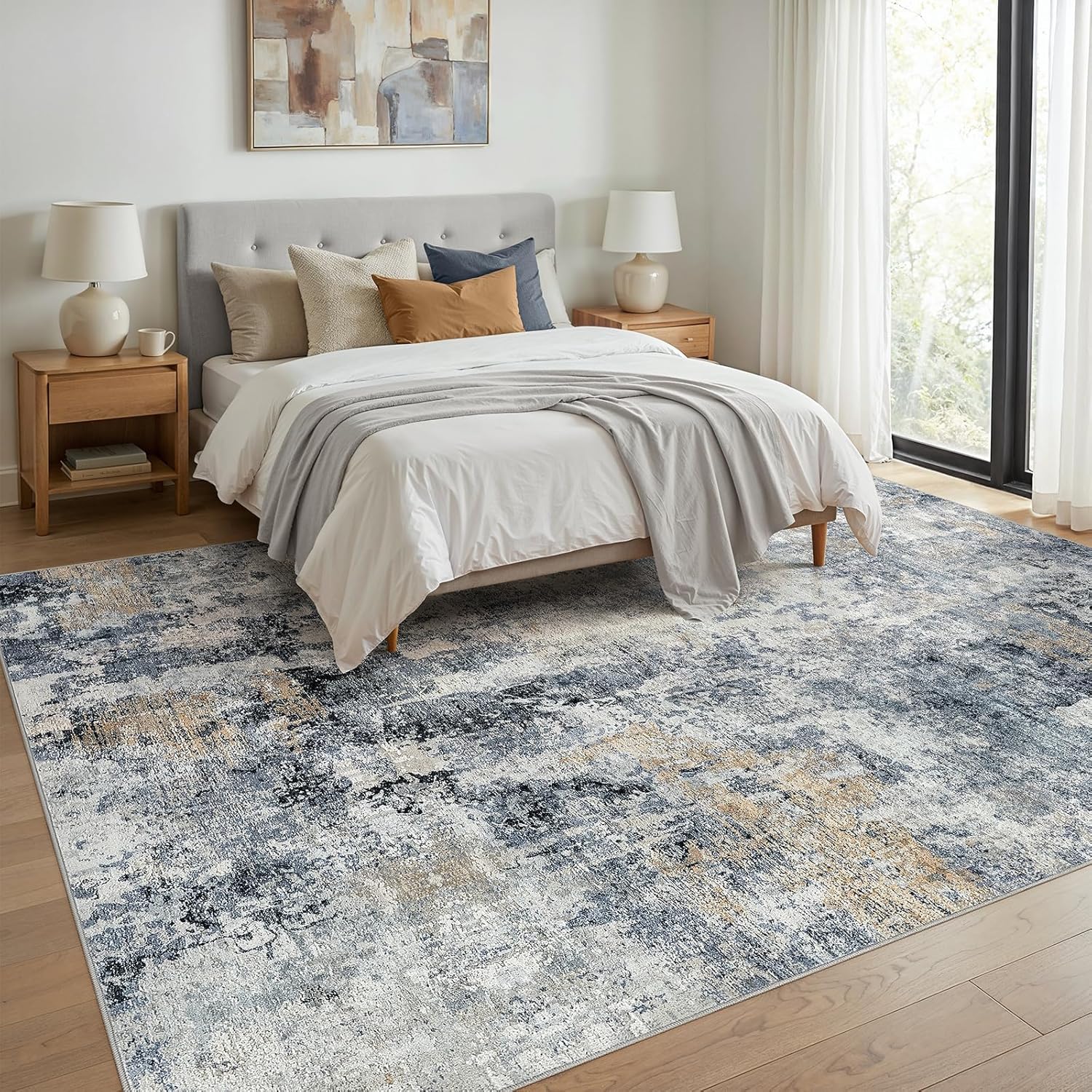 witshock 5x7 rugs for living room - washable modern abstract soft low pile non-slip neutral large indoor carpet for bedroom, dining room, nursery, office home decor - dark blue brown dark blue brown 5' x 7' (rectangular)
