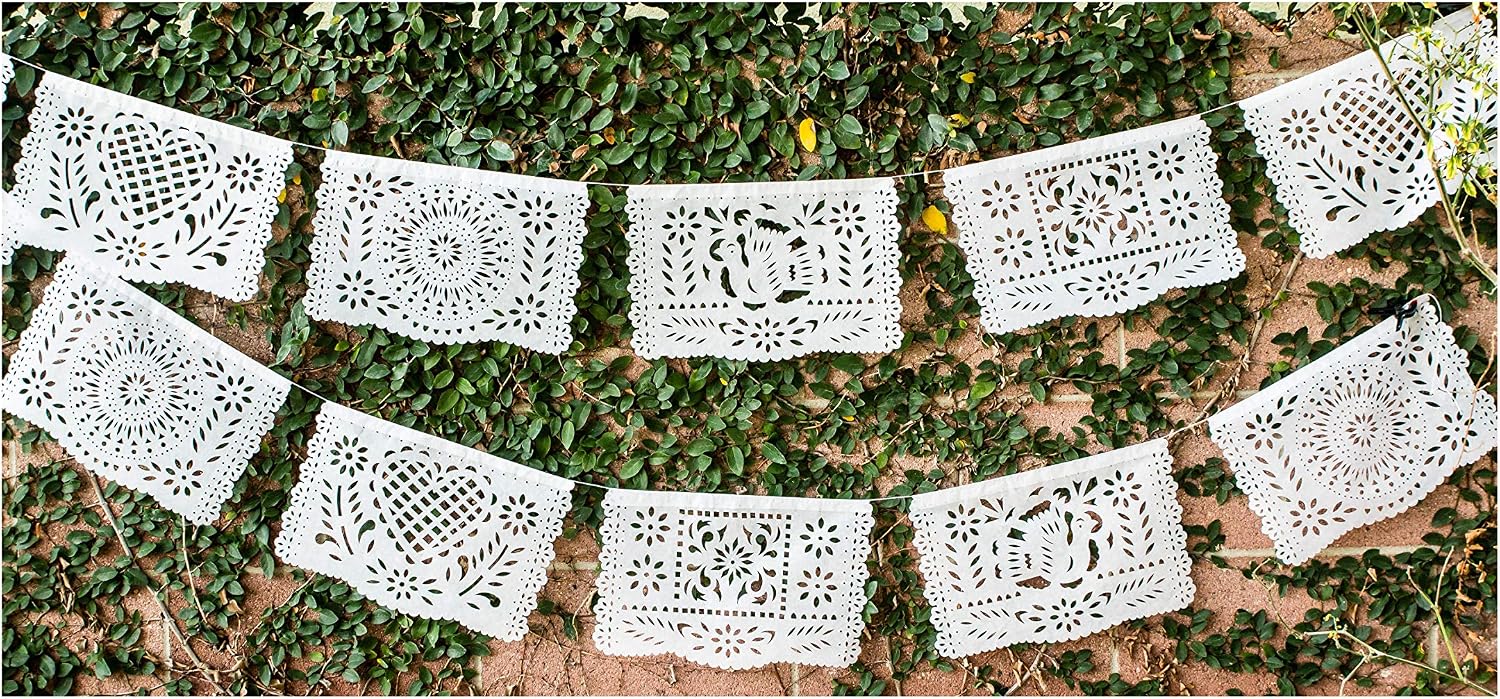Papel Full of Wishes Medium Plastic White Papel Picado Banner - 12 Panels / 16 Feet Long Hanging - Ideal for Weddings, Baptisms, Birthdays, Posadas, Etc.