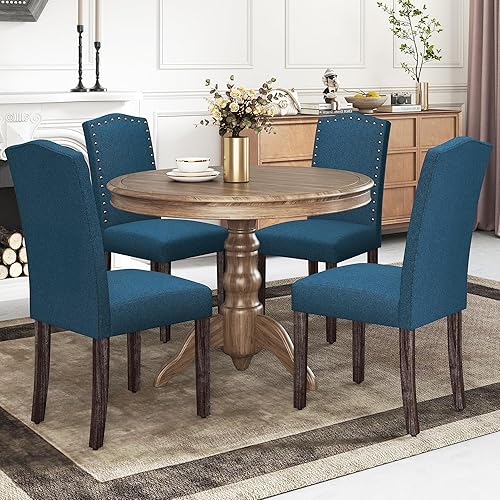 Miniatura 18 de LSSBOUGHT Juego de 2 sillas de comedor de poliuretano tapizadas Parsons con clavos de cobre y patas de madera maciza para comedor, restaurante