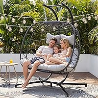 Vista 12 de NICESOUL Acogedora silla colgante con soporte para interiores y exteriores, silla columpio de mimbre para patio con cojín y patas doradas, 350