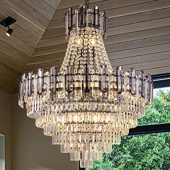 Wellmet Large Black Crystal Chandelier,15 Lights Luxury High Ceiling Light
