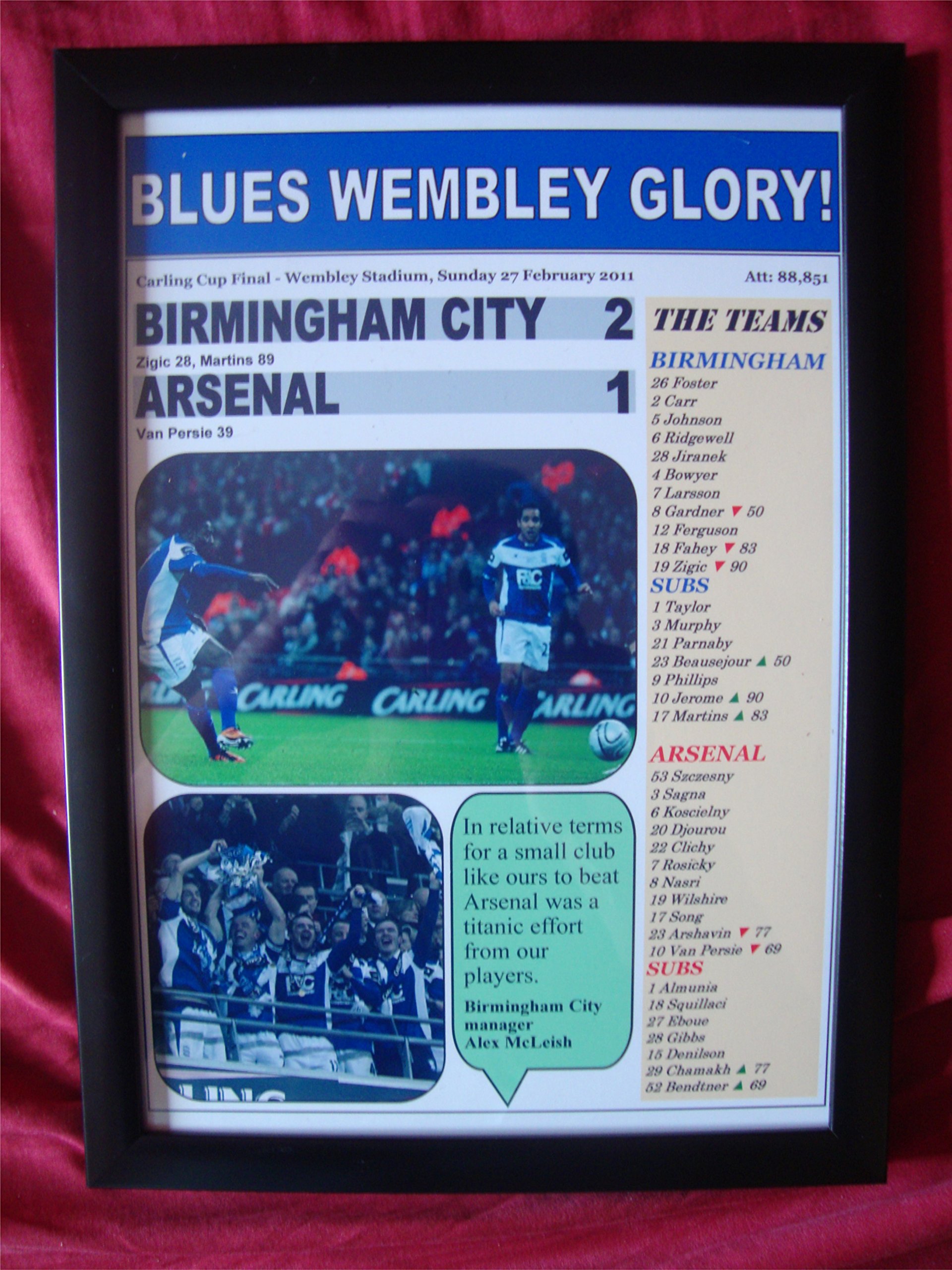 Lilywhite Multimedia Birmingham City 2 Arsenal 1 - 2011 Carling Cup final - framed print