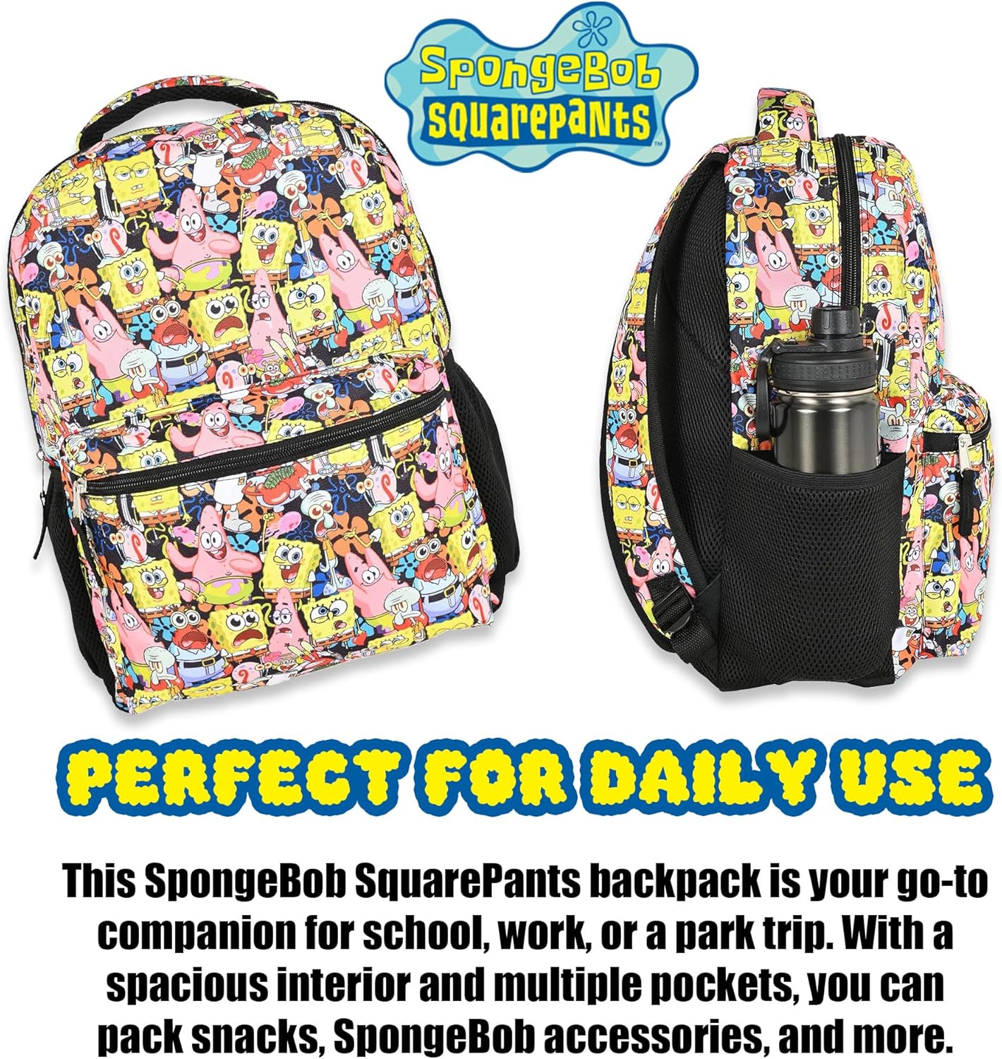 Nickelodeon SpongeBob Backpack for Kids - Officially Licensed SpongeBob SquarePants, Mr. Krabs, Squidward, Plankton Bookbag for Boys and Girls Kids and Adults - Laptop and Lunchbox Compartment