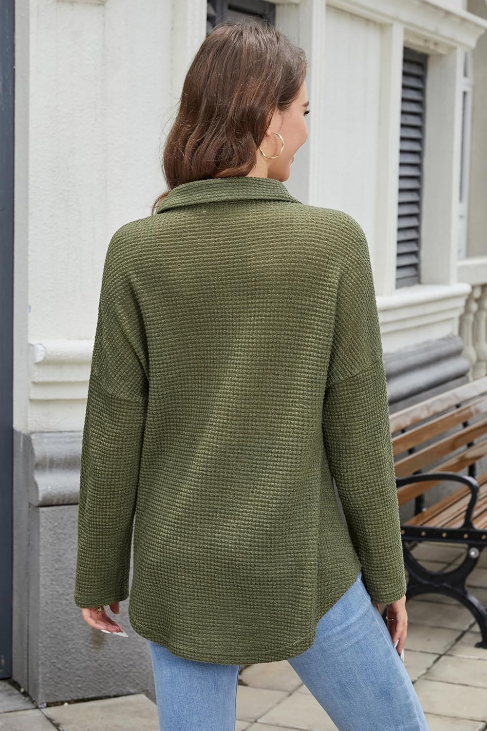 Women Waffle Knit Tops Long Sleeve Henley Shirts Womens Button-Up Casual V Neck Tunic Fall Pullover Sweater - Image 2