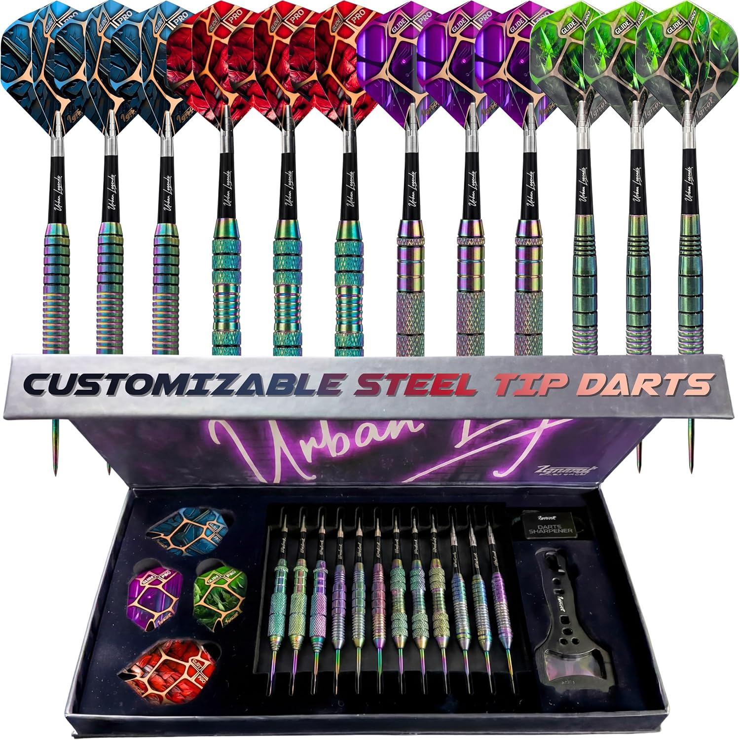 IgnatGames Darts Metal Tip Set - 12 Pack Steel Tip Darts with 32 GlideXPro Flights, Multi-Zone Barrel Grips, 1.4" Aluminum Shafts, Magnetic Gift Box, and Accessories, Urban Legends Edition
