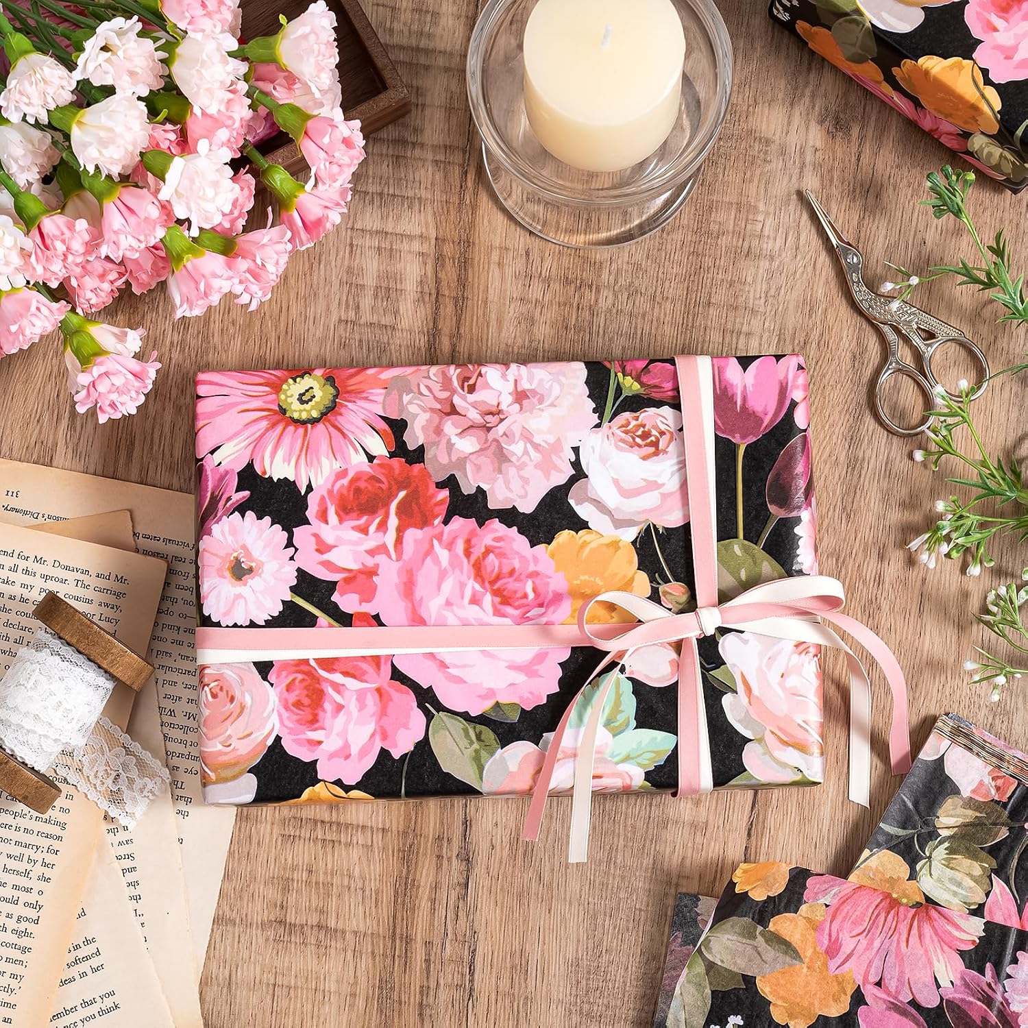 WRAPAHOLIC Floral Tissue Paper - 60 Sheets 14 x 20 Inch Black Colorful Flower Tissue Paper Bulk for Wedding Birthday Baby Showers Art Craft Tea Party Favor Decoration