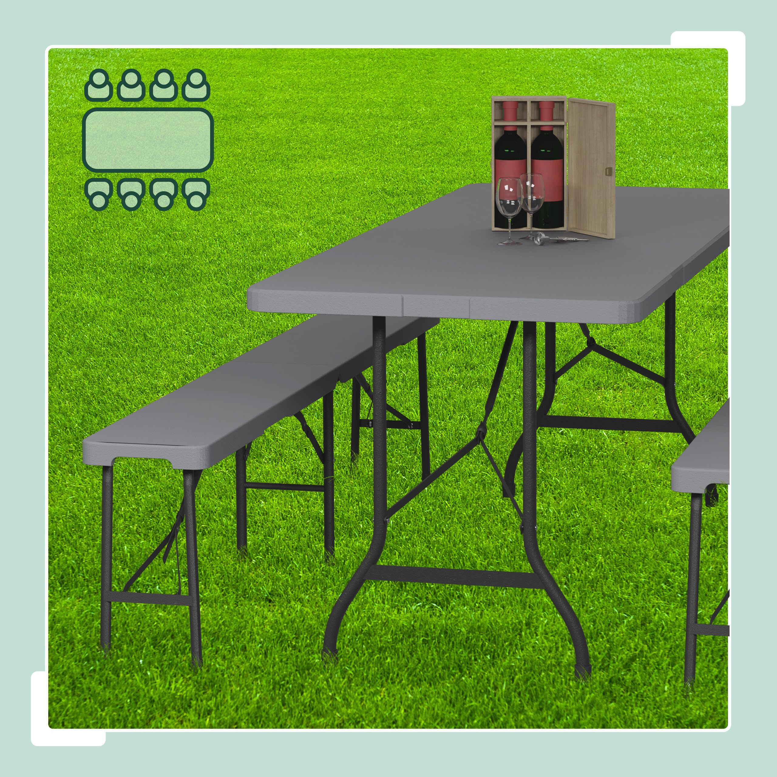 Relaxdays Ensemble Table Pliante et 2 bancs, pour Jardin, pavillon ou Camping, 180 cm, pour Les fêtes, Gris