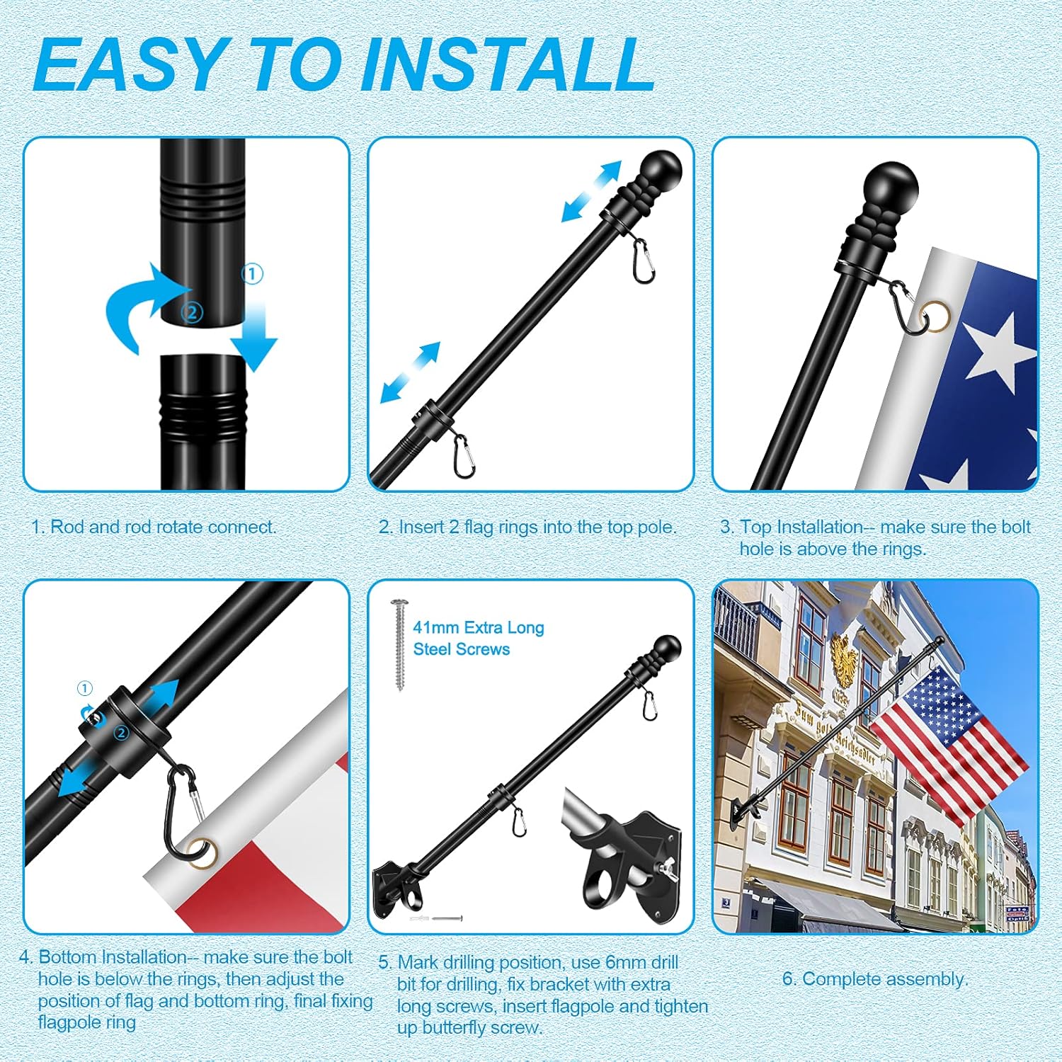 6 FT Flag Poles Kit for House with 2-Position Flagpole Bracket & 360° Rotating Flag Rings, 1 Inch Stainless Steel Spinning Flag Pole, Porch Wall Mounting Metal Flag Pole for 3x5 4x6 Flag (6 FT, Black)