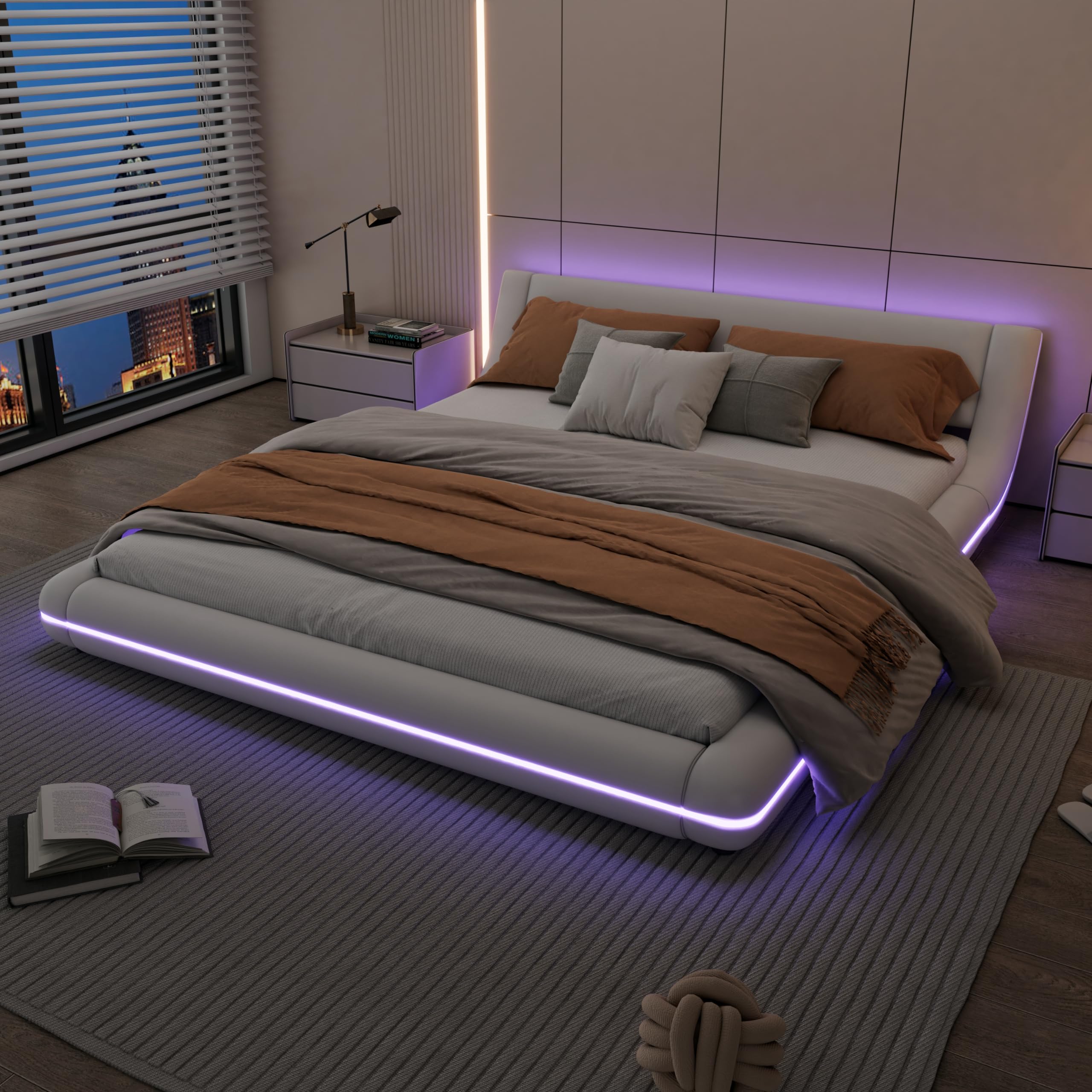 Rtopsu Letto Imbottito Letto Matrimoniale 160x200 cm, Letti con Illuminazione a LED, Letti da Terra Moderno con Rete in Metallo e Rete a Doghe in Legno, PU, Bianco, Senza Materasso
