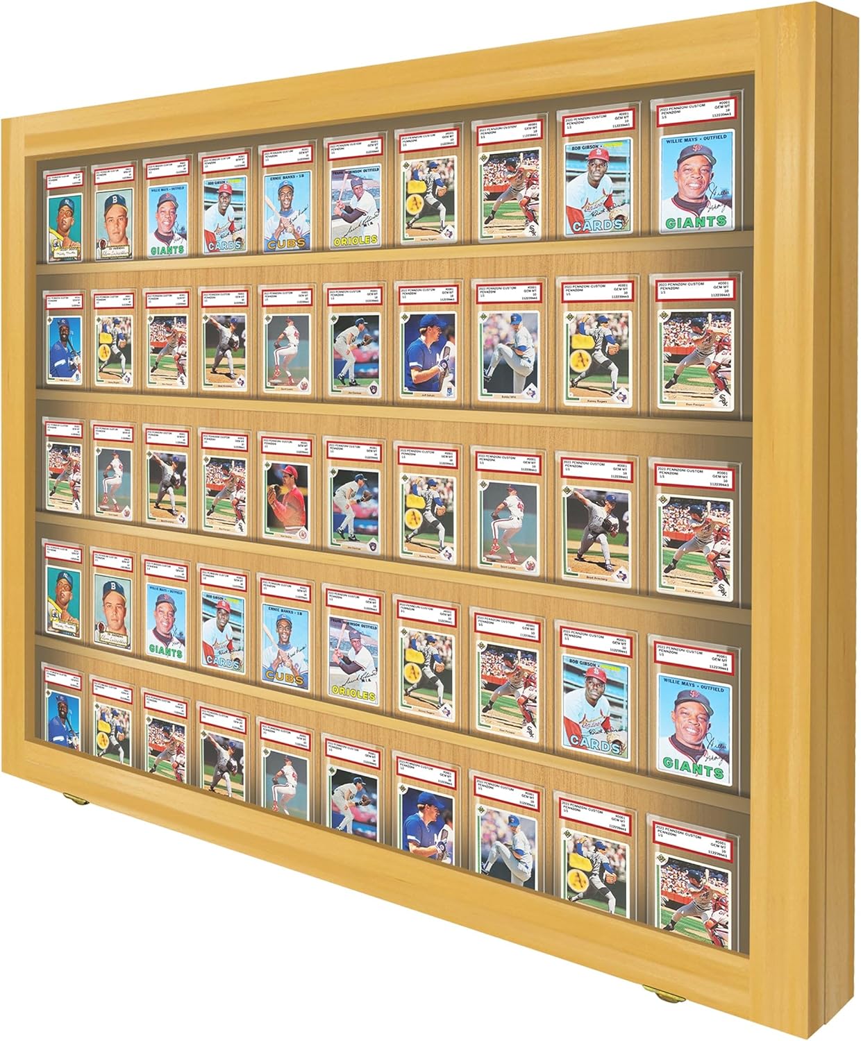 PENNZONI Baseball Card Display Case - 50 Graded Sports Card Display Frame Lockable - PSA Graded Card Case with UV Protection | Card Display for Football & Basketball | Golden Oak