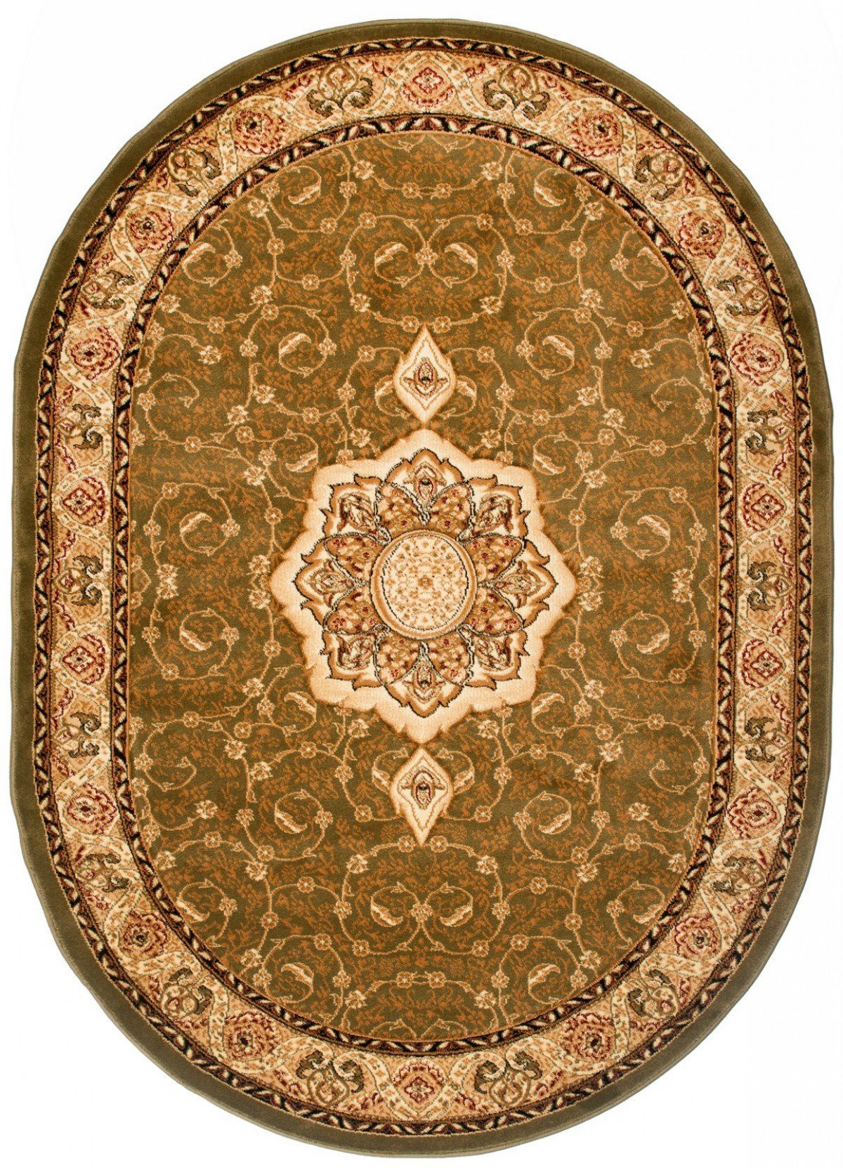 TAPISO Yesemek Ovale Tapis de Salon Chambre Design Traditionnel Vert Beige Médaillon Fleures Feuilles 70 x 140 cm