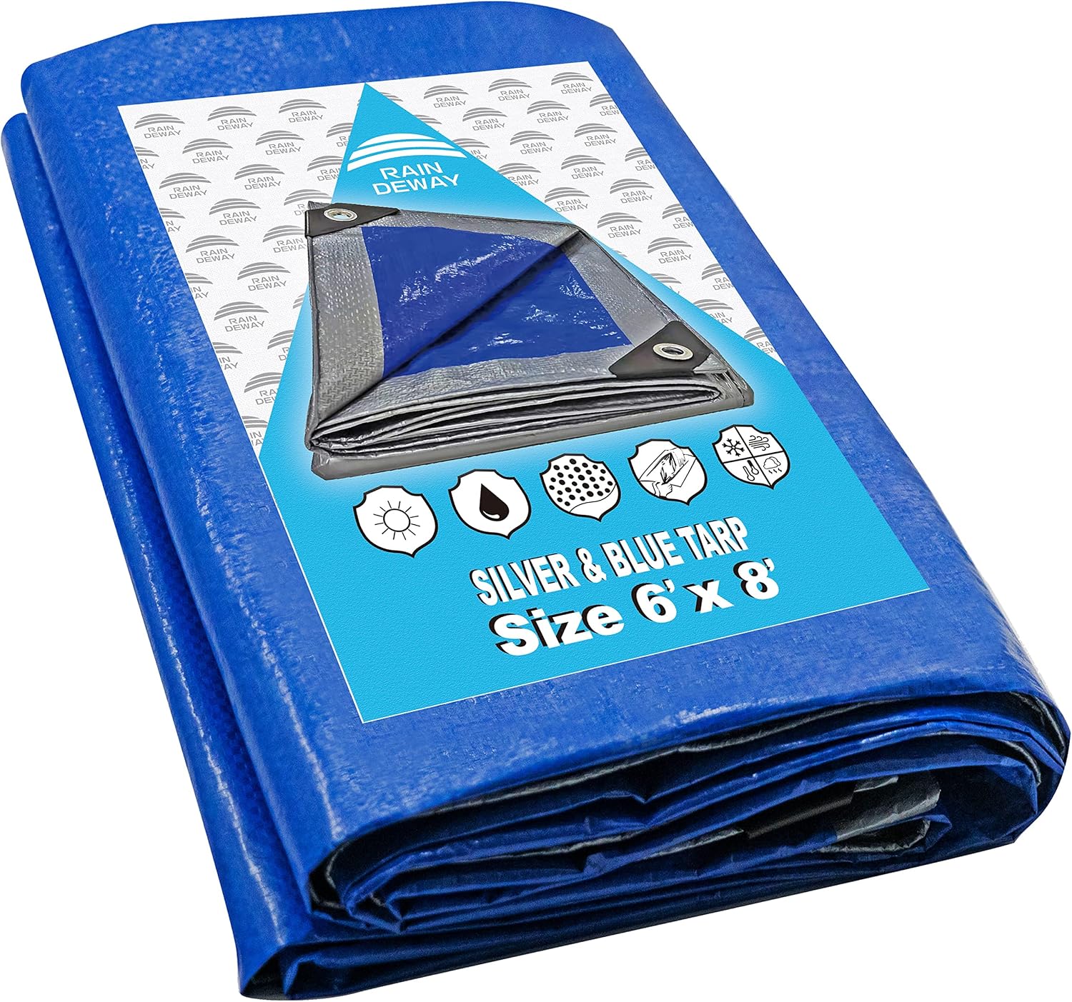 RAINDEWAY Tarps 6x8 Feet - 5.5 Mil, Multipurpose Waterproof Poly Tarp Cover with Metal Grommets and Reinforced Edges, Silver/Blue Tarp