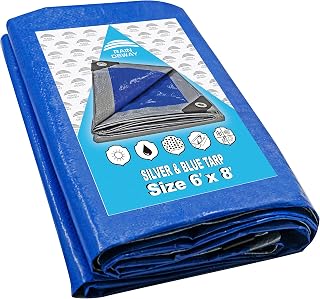 RAINDEWAY Tarps 6x8 Feet - 5.5 Mil, Multipurpose Waterproof Poly Tarp Cover with Metal Grommets and Reinforced Edges, Silver/Blue Tarp