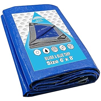 RAINDEWAY Tarps - Multipurpose Waterproof Poly Tarp Cover with Metal Grommets and Reinforced Edges, Silver/Blue Tarp, 5.5 Mil Thick, Small tarps 6x8 Feet