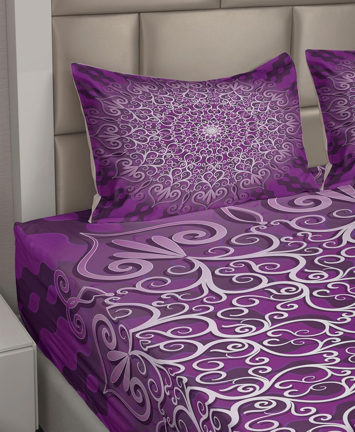 Ambesonne Purple Mandala Sheet Set, Round Swirls Healing Cosmos Growth Image, Fitted and Flat Sheet with Pillowcases Bedding Accent 4 Piece Set, Full, White Purple