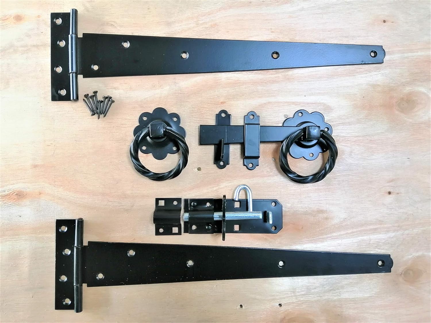 Tee Hinge (2) 16" 400mm Twisted Ring Latch Fitting Kit Wooden Garden Gate Black, with All The Fixings