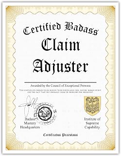 Certified Badass Claim Adjuster Diploma| Funny Personalized Career Gag Gift Idea Novelty Award Certificate