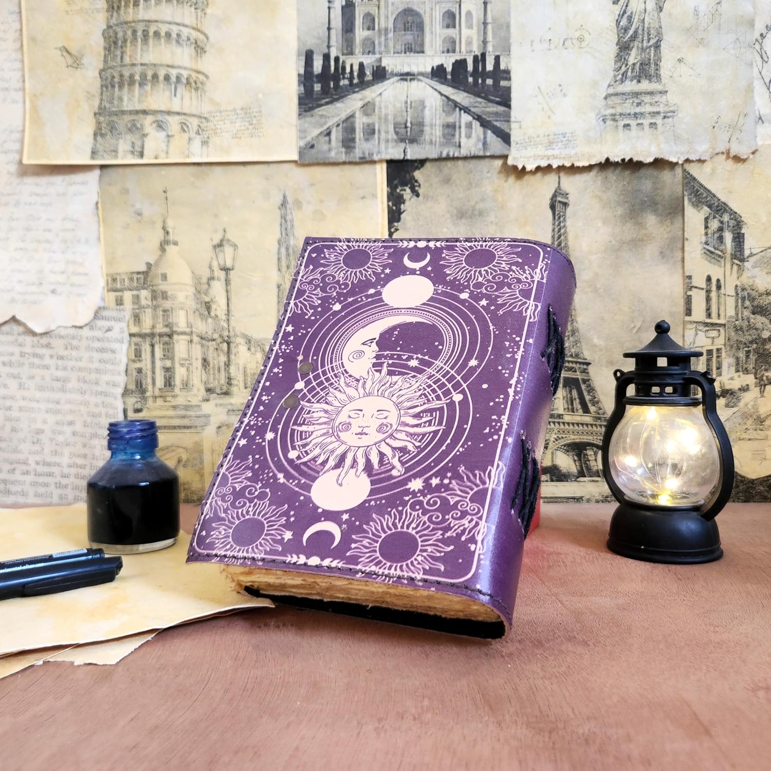 Finun-Lthr Personalized Gift Sun Moon Leather Journal Sketchbook with Vintage 200 deckle edge Handmade Paper and C-Lock closure (Purple, 8 * 6inch)