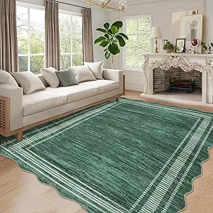 GarveeHome Washable Scalloped Rug 9x12 Area Rugs,Modern Neutral Living Room Rugs,Large Washable Solid Farmhouse Carpet Abstract Bordered Carpet for Bedroom Apartment Table Dorm Nursery,Green
