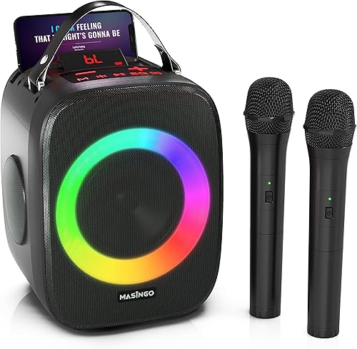 MASINGO Máquina de karaoke para niños y adultos con 2 micrófonos inalámbricos Bluetooth, altavoz de sonido 3D portátil con luces LED coloridas,