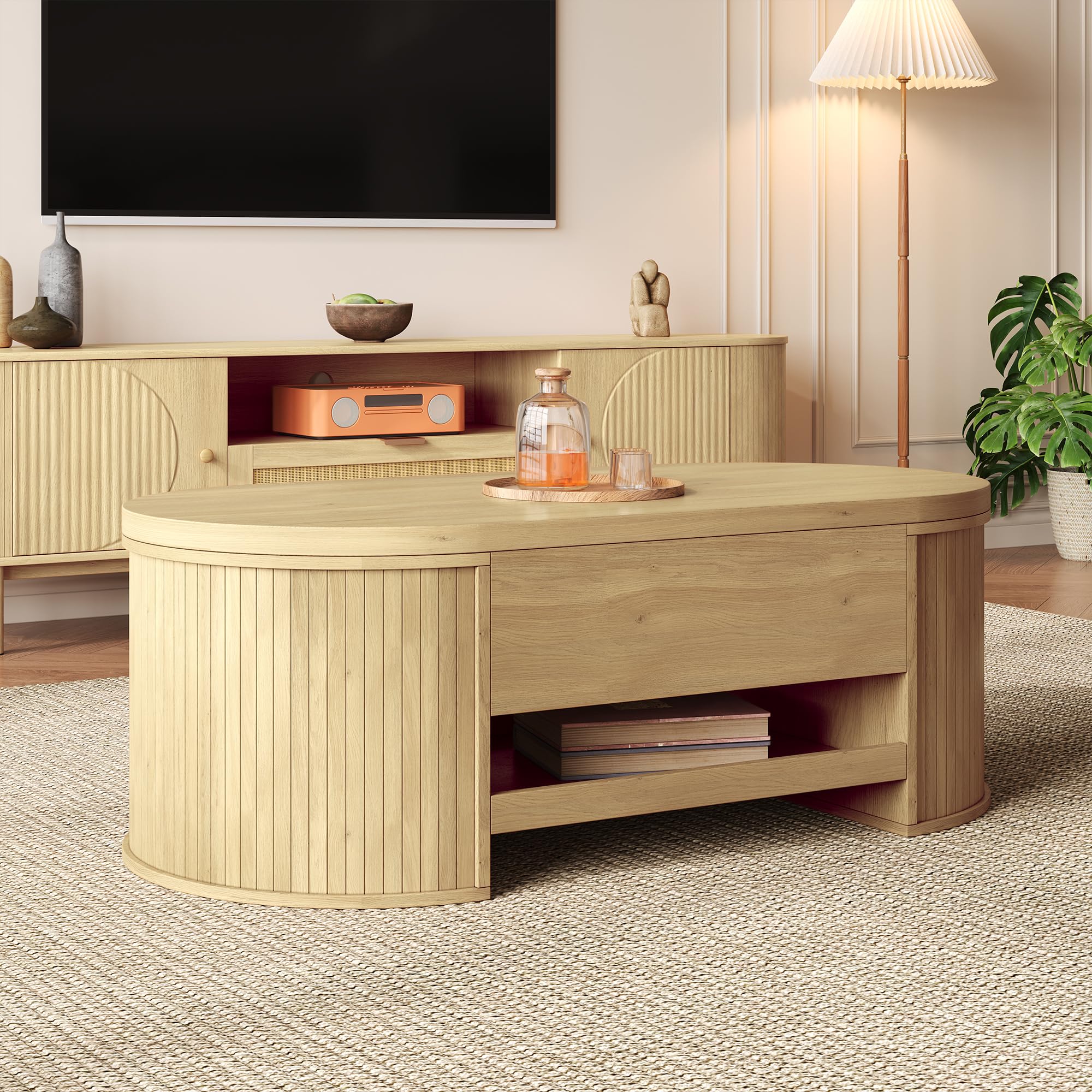 Mesa de centro con lados curvos de madera, estante extensible, mesa elevable, mueble de salón multifuncional 60 x 110 cm (color madera)