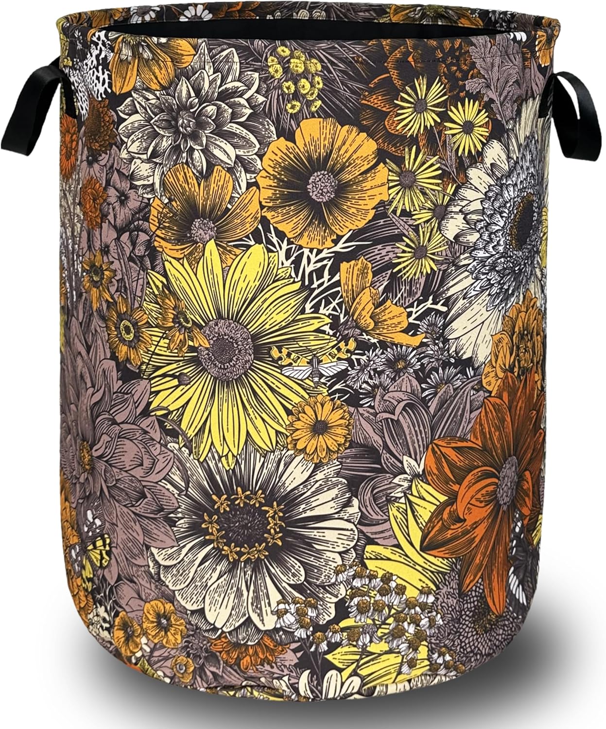 Retro Sunflower Flower Laundry Hamper With Handles Foldable Oxford Cloth Daisy Floral Tote Bag Colorful Laundry Basket Clothes Toy Storage Bucket 8.9"x16.5"For Bathroom/Laundry/Bedroom