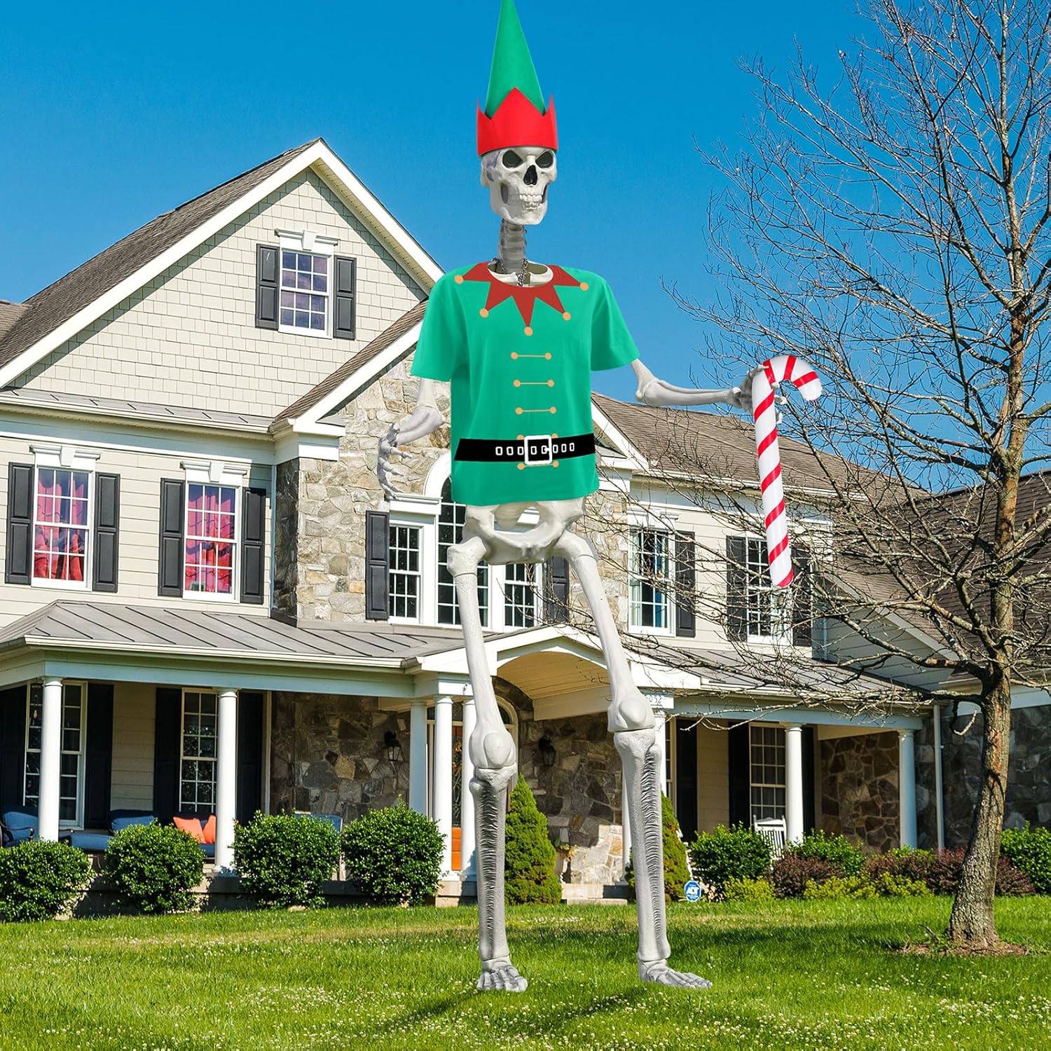 3 Pcs 12 ft Christmas Giant Elf Skeleton Outfit Costume Santa Set Extra Large Shirt and Hat Inflatable Candy Cane for Garden Lawn Outdoor Decor (Skeleton Not Included)
