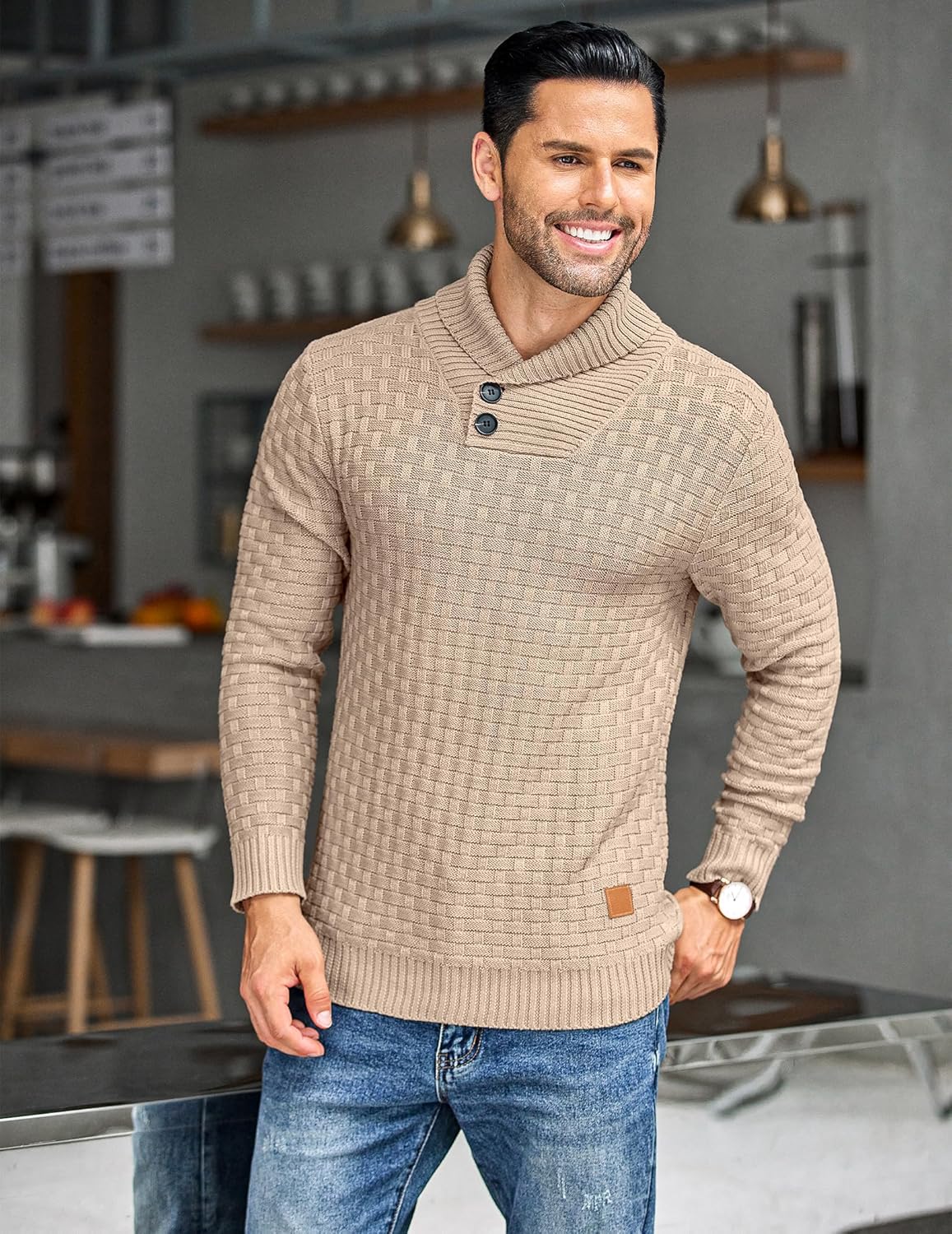 COOFANDY Men's Shawl Collar Pullover Sweater Casual Slim Fit Button Textured Knit Sweaters - Image 7