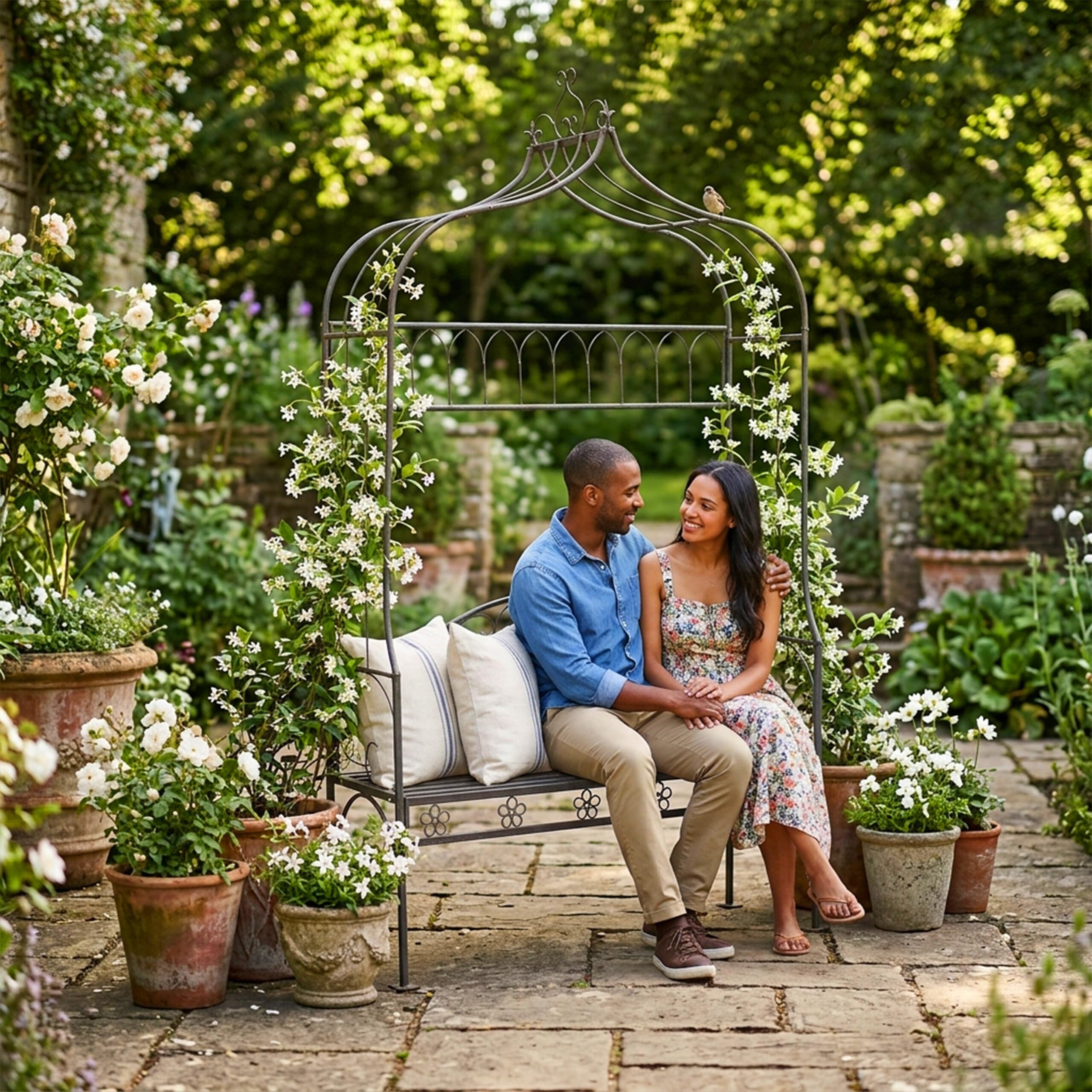 Relaxdays Arche à Roses avec Banc, métal, pour Jardin, H x L x P : 220 x 122 x 43 cm, Arche Stable pour grimpantes, Noir