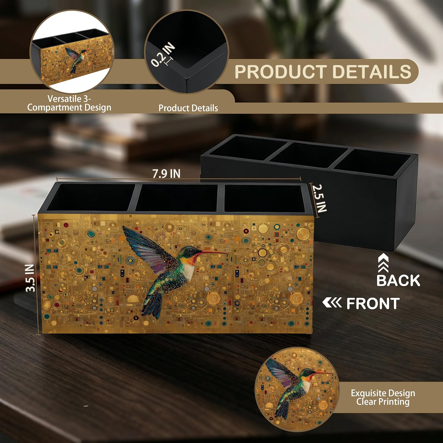 Gustav Klimt Style Hummingbird Wooden Pencil Pen Holder for Desk image 2