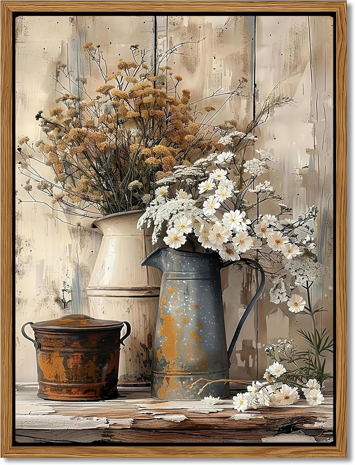 Floating Framed Farmhouse Vintage Canvas Wall Art, Country Floral Daisy Pictures Wall Decor, Wood Grain Art Paintings Poster for Living Room Bedroom Bathroom Rustic Decor 12x16 Inch Ready to Hang