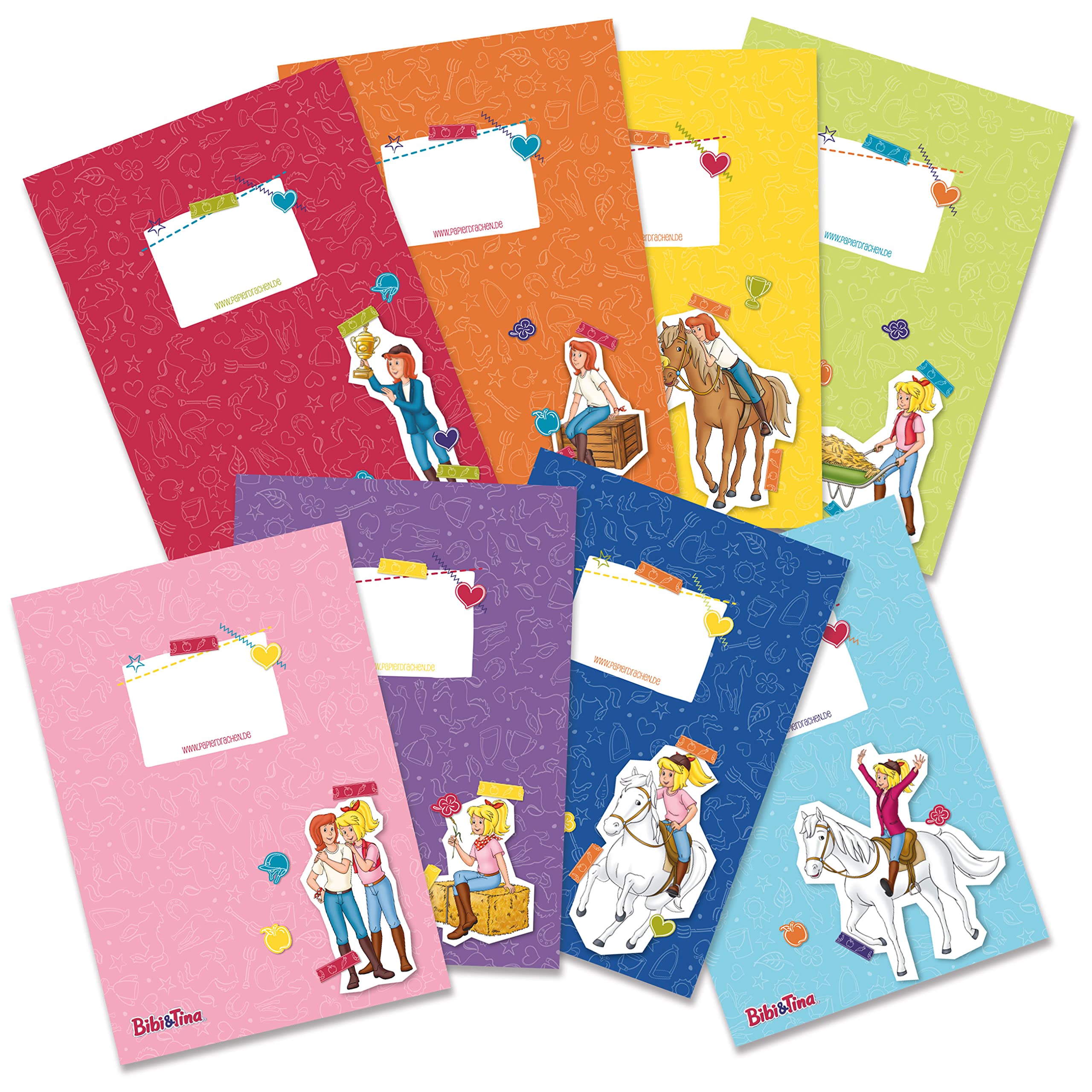 Papierdrachen 8 hochwertige Heftumschläge aus Papier für Kinder | DIN A5| Motiv Bibi und Tina - Heftschoner ideal für die Schule - Heftumschlag 250g/m² - Set Nummer 10