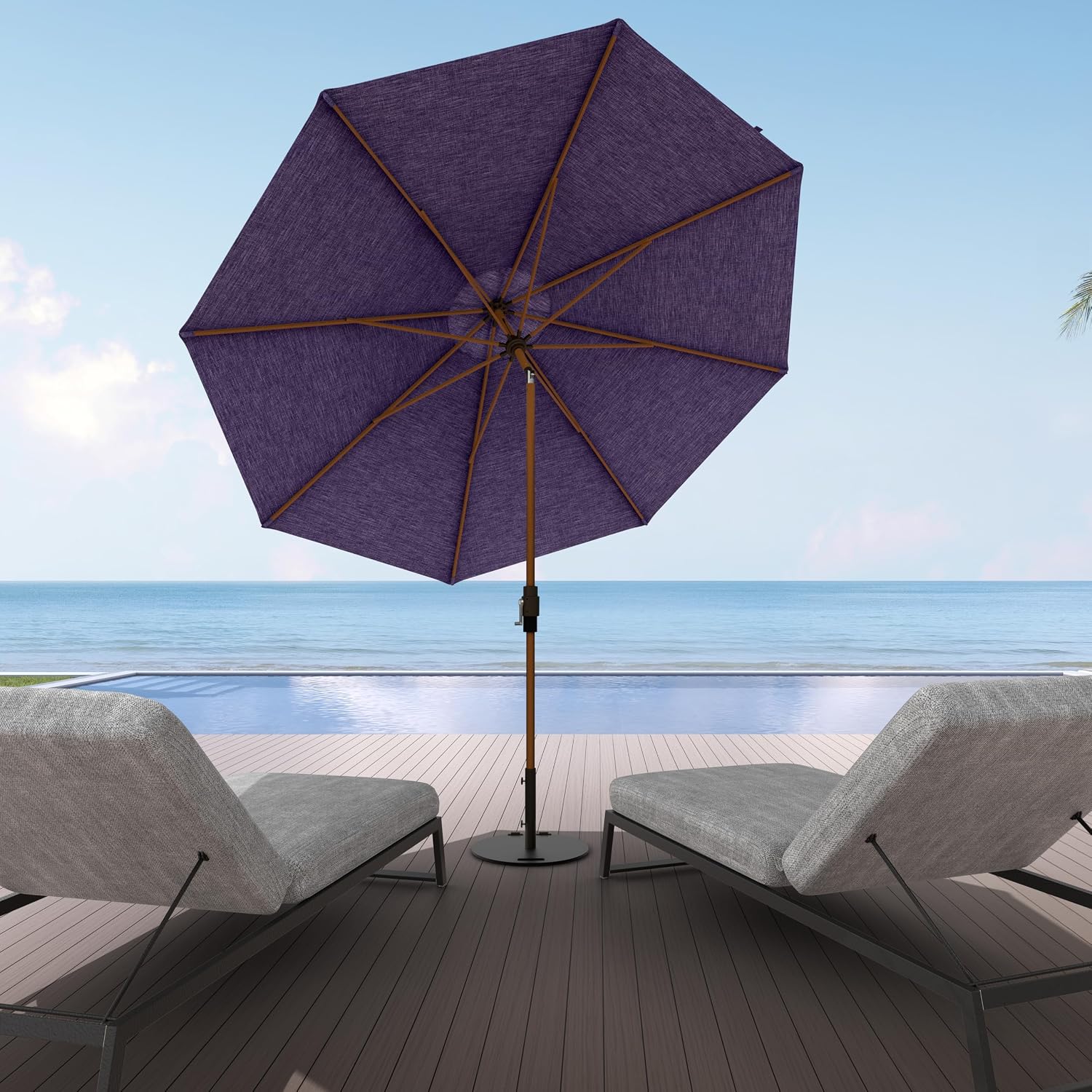 Midtown Umbrellas Wooden 2-8 Ft Patio Umbrella with 360° Swivel & Tilt Mechanism, 8 Fiberglass Ribs & Terylast Polyester Fabric for Deck, Pool, Garden & Porch - Textured Purple Canopy, Wooden Pole
