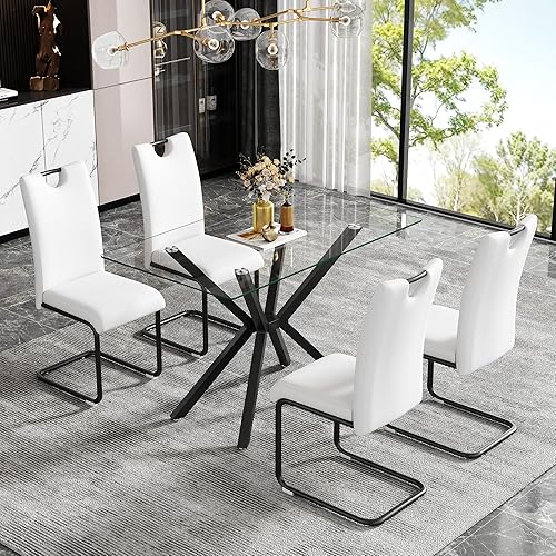 Miniatura 104 de Mesa de comedor de cristal de 51 pulgadas para 4, mesa de comedor rectangular contemporánea con parte superior de vidrio templado y patas de acero