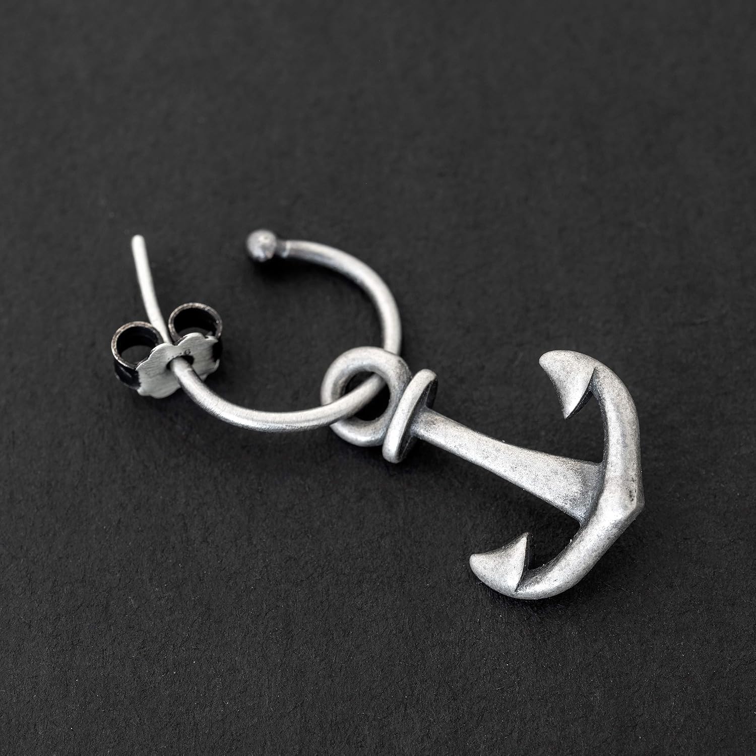 Anchor Earring for Men 925 Sterling Silver Oxidized, Maritime Sailor Masculine Jewelry, Hypoallergenic and Nickel-Free, Single - Handmade by Emmanuela