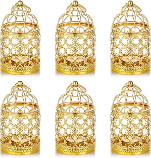 Nuptio 6 Pack Gold Metal Hanging Birdcage Tealight Lanterns - Vintage Wedding Party Centerpieces & Home Decor