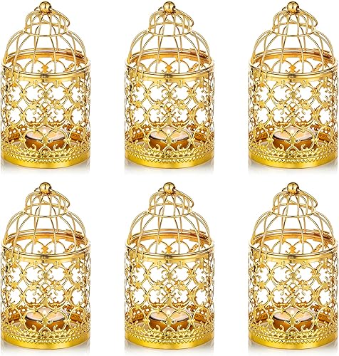 6 linternas pequeñas de metal para colgar en jaula de pájaros, centros de mesa decorativos vintage para bodas, fiestas, color dorado