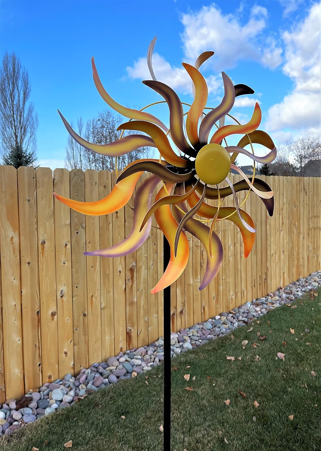 Heavy Duty Colorful Sun/Flower Double Spinner Windmill Metal Yard Stake Wind Spin Whirly-Gig Garden Art, Multi Color, 24inch x 17inch x 74inch (WX15528)