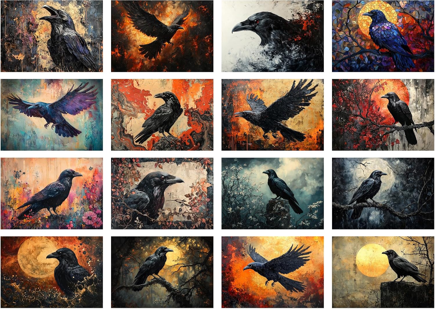 Decoupage Paper Pack (35 Sheets 6"x8") Raven Shadows: Majestic Black Ravens in Dramatic Moonlit and Fiery Sunset Scenes with Gothic, Mythical and Hauntingly Beautiful Elements FLONZ Vintage