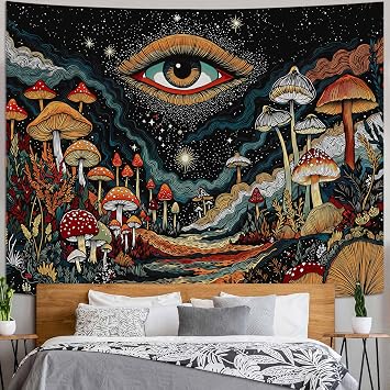 Rexful Mushroom Tapestry Wall Hanging Hippie Mystical Eye Tapestries for Bedroom Aesthetic Moon Starry Wall Art for Living Room, Bedroom, Dorm yellow, 6044
